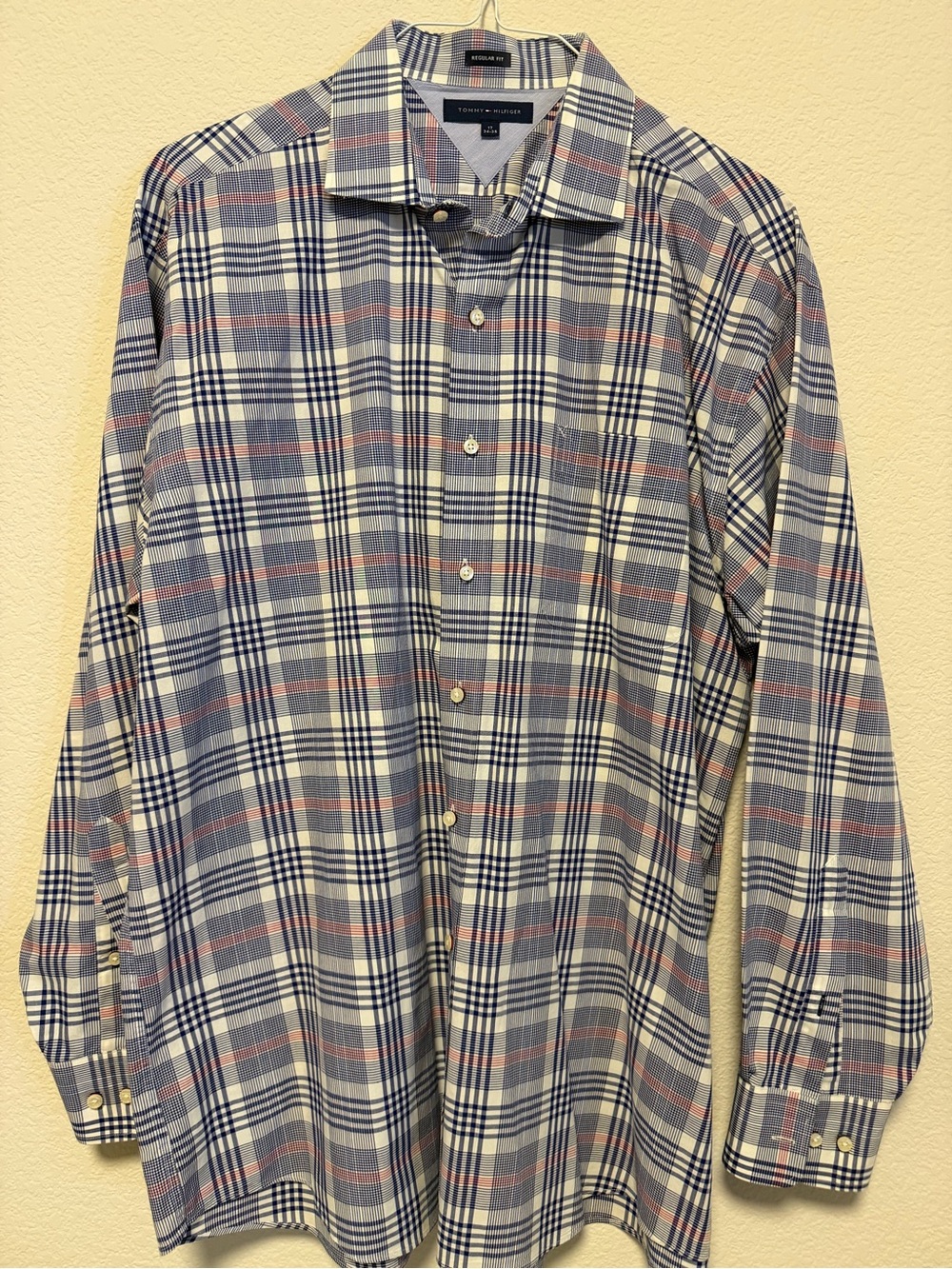 Tommy Hilfiger Men’s Blue, White and Pink Plaid Dress Shirt